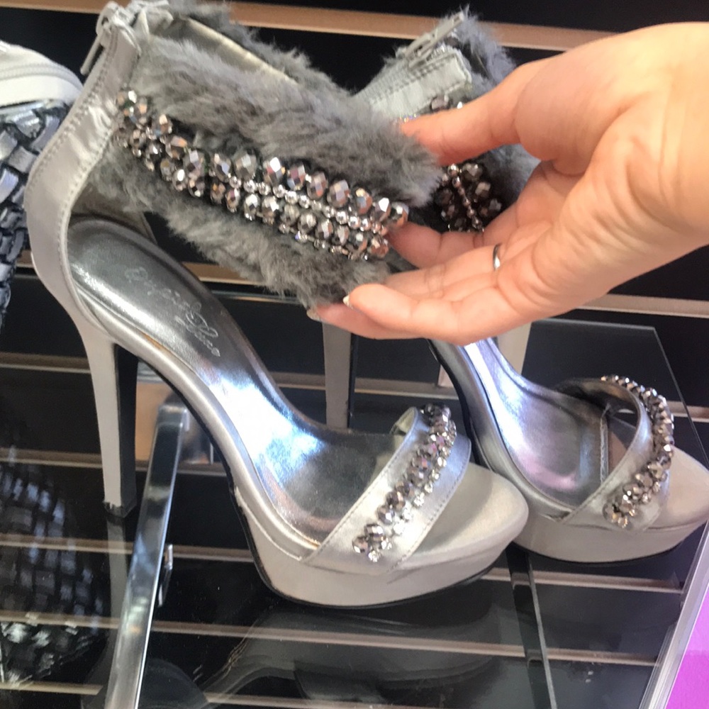 Gray furry sparkly shoes